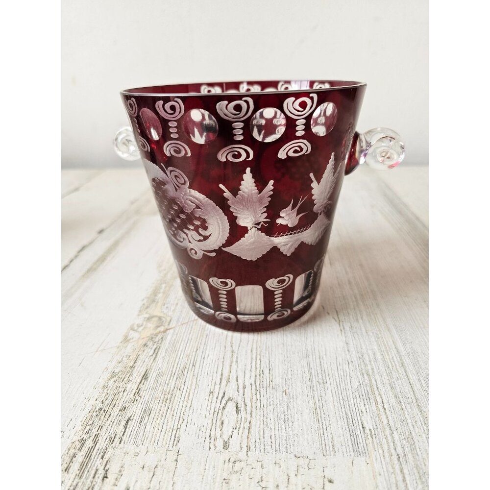 Egermann Red Bohemian cut glass‎ ice bucket vintage bird building cranberry Ruby